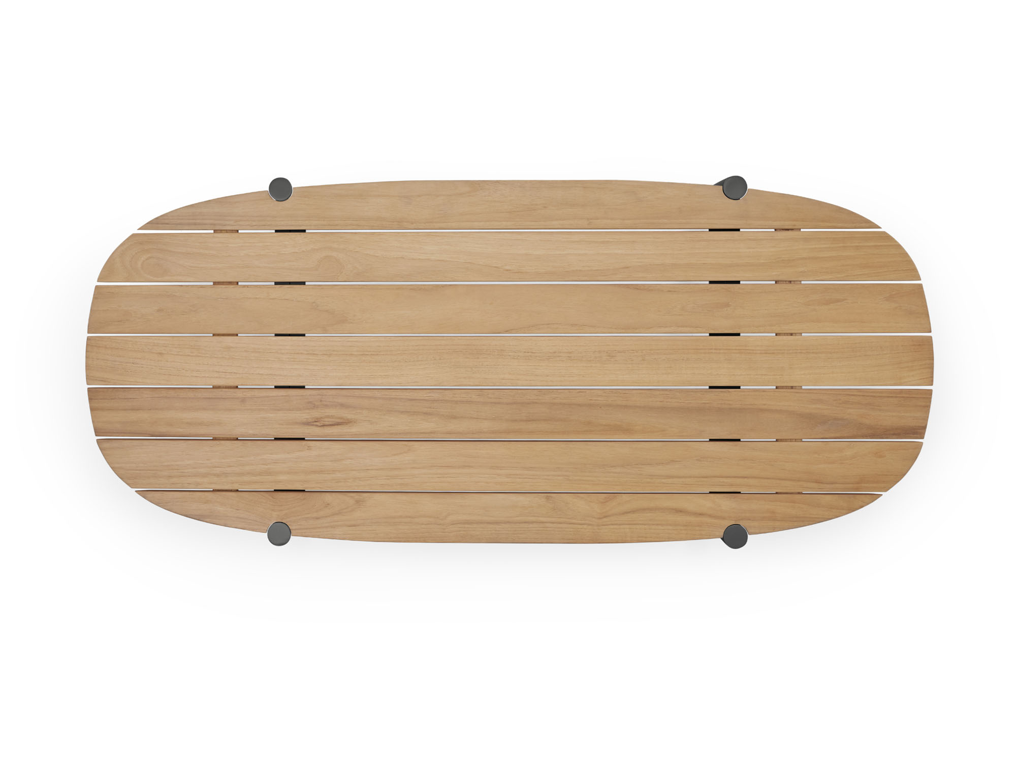 Overhead view of oval wood outdoor coffee table with black legs